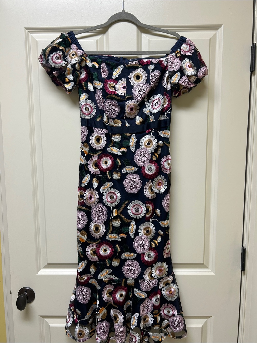 Sam Edelman Navy Off-Shoulder Floral Midi Dress with Pink and Gold Accents